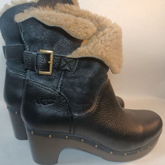 UGG Amoret Black Leather Shearling Clog Boots Size 8 - Picture 10 of 12